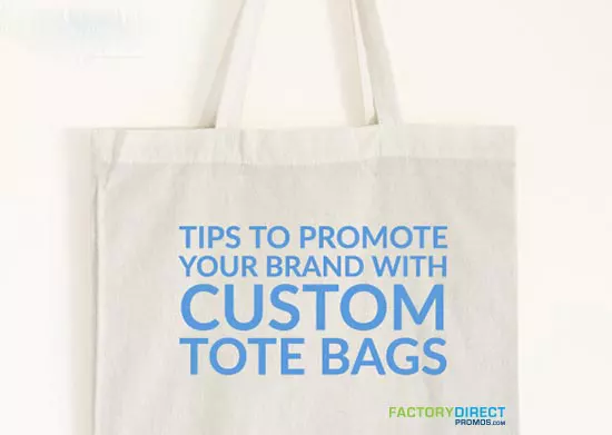 Custom white tote bag with marketing message in light blue