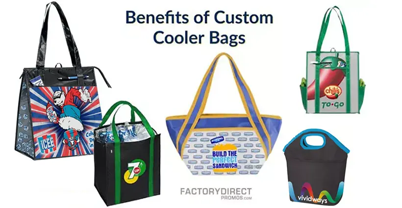 wholesale custom designed reusable insulated cooler bags with corporate logos and branding in bulk