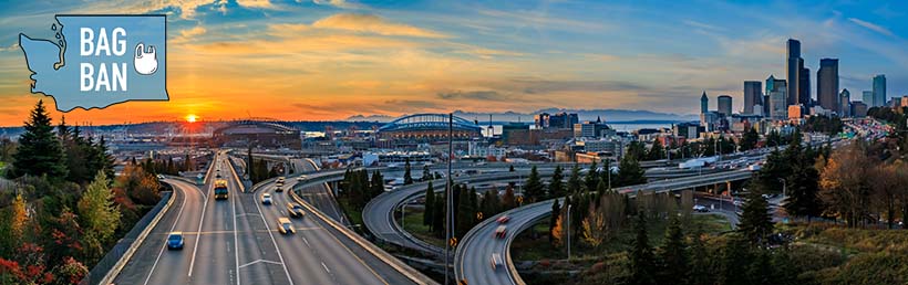 Seattle Washington highway and skyline at sunset with State Bag Ban inset