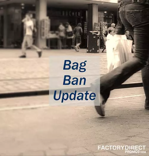 Sepia tone of pedestrian carrying plastic bags with caption about Bag Ban Update