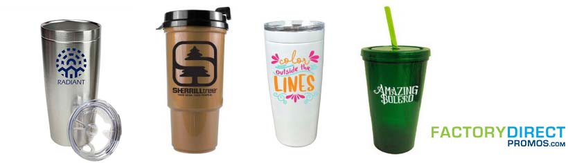 4 samples of custom logo printed reusable travel mugs and tumbler cups