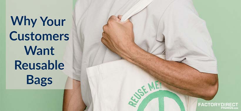 Close-up view of man carrying a Custom reusable bag with the words "REUSE ME!" printed on it