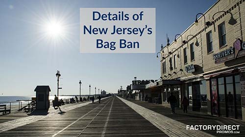 New Jersey boardwalk with bright morning sun with caption: Details of New Jersey's Bag Ban