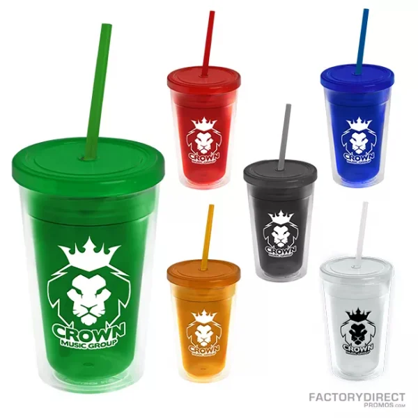 Group of Custom Logo Printed 16oz Double Wall Insulated Tumblers with Straws
