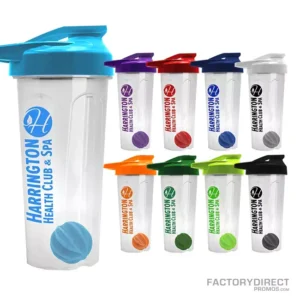 Custom 24oz Shaker Sports Water Bottles with matching lids and mixing balls
