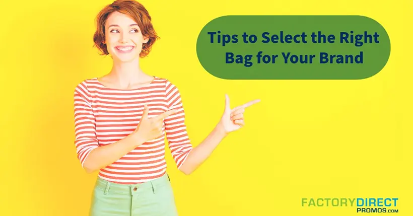 Woman in striped shirt pointing at headline: Tips to select the right bag for your brand.