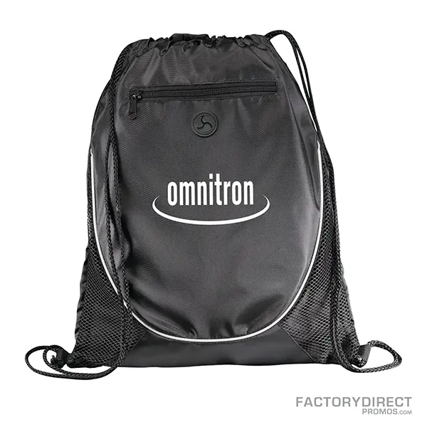 Black promotional drawstring backpacks with exterior zipper and earbud port.