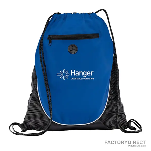 Blue promotional drawstring backpacks with exterior zipper and earbud port.