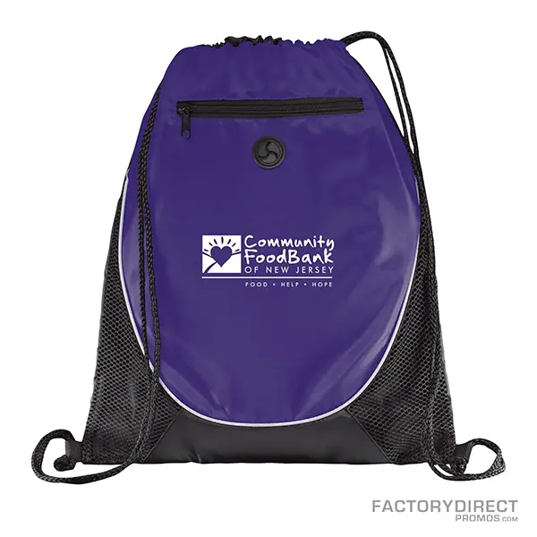 Purple promotional drawstring backpacks with exterior zipper and earbud port.