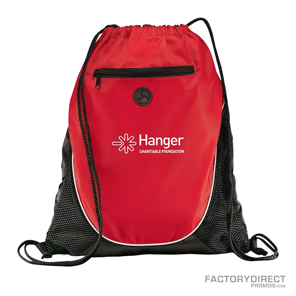 Red promotional drawstring backpacks with exterior zipper and earbud port.