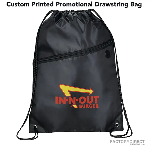 Black promotional drawstring bags in bulk with easy close cinching.