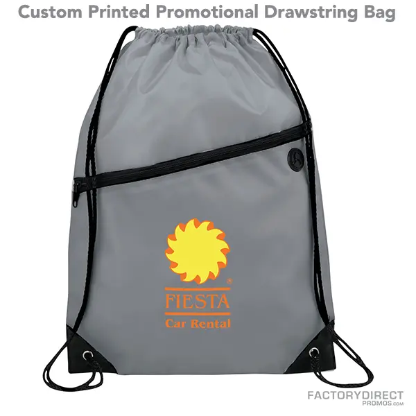 Gray promotional drawstring bags in bulk with easy close cinching.