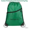 Green promotional drawstring bags in bulk with easy close cinching.