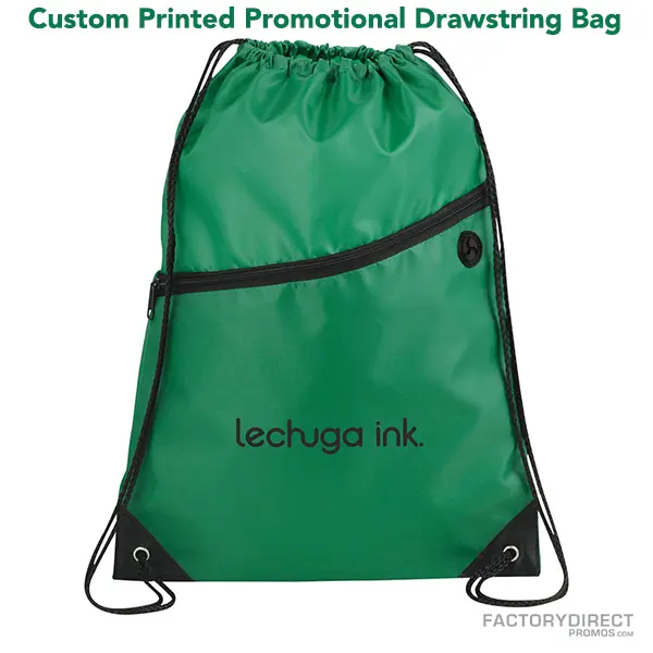 Green promotional drawstring bags in bulk with easy close cinching.