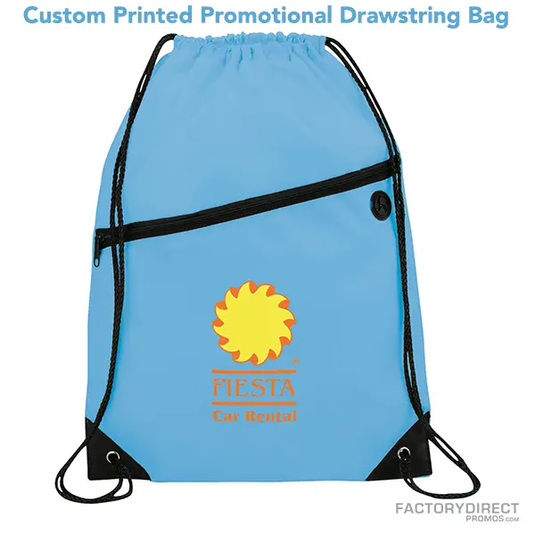 Light blue promotional drawstring bags in bulk with easy close cinching.