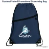 Navy promotional drawstring bags in bulk with easy close cinching.