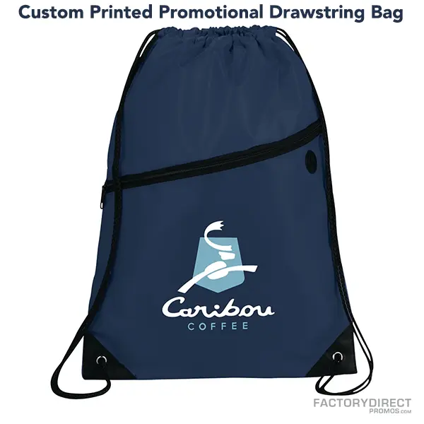 Navy promotional drawstring bags in bulk with easy close cinching.