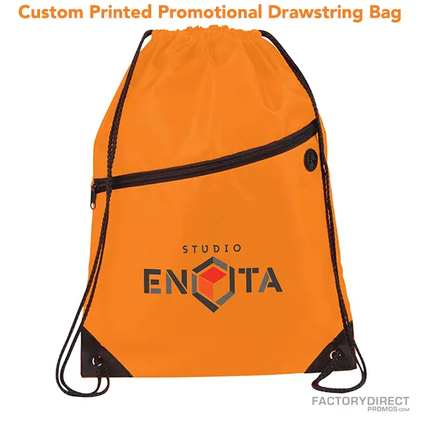 Orange promotional drawstring bags in bulk with easy close cinching.