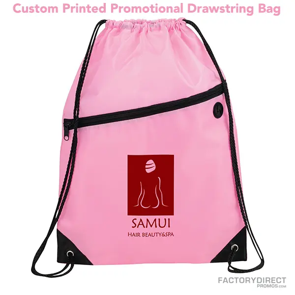 Pink promotional drawstring bags in bulk with easy close cinching.