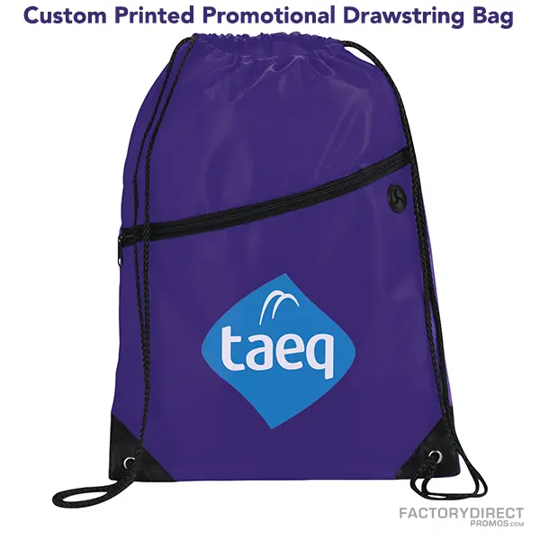 Purple promotional drawstring bags in bulk with easy close cinching.
