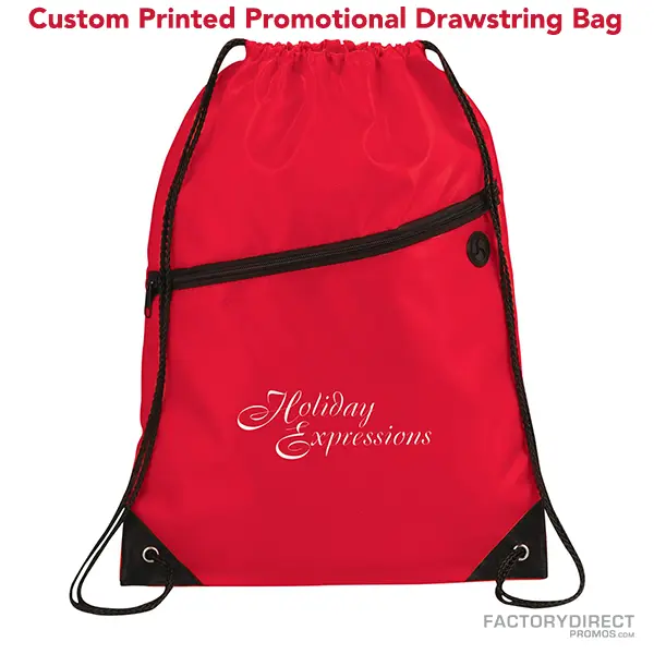 Red promotional drawstring bags in bulk with easy close cinching.