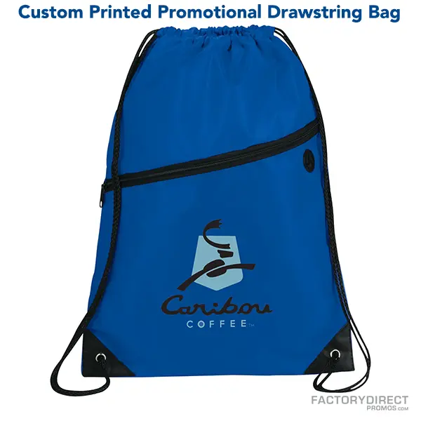 Royal blue promotional drawstring bags in bulk with easy close cinching.