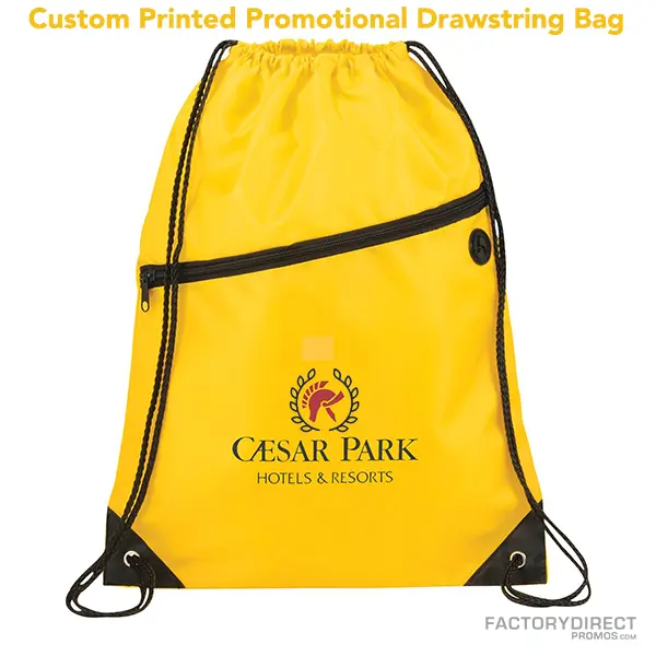 Yellow promotional drawstring bags in bulk with easy close cinching.