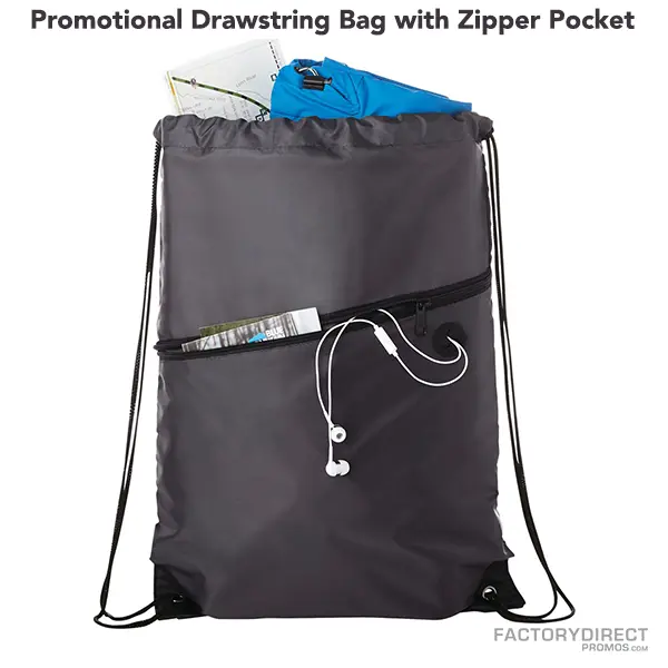 Custom promotional drawstring bag with front zipper pocket and easy close cinching.