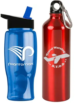 A blue BPA-free plastic water bottle with a flip top straw and a red aluminum water bottle with twist top cap and carabiner clip.