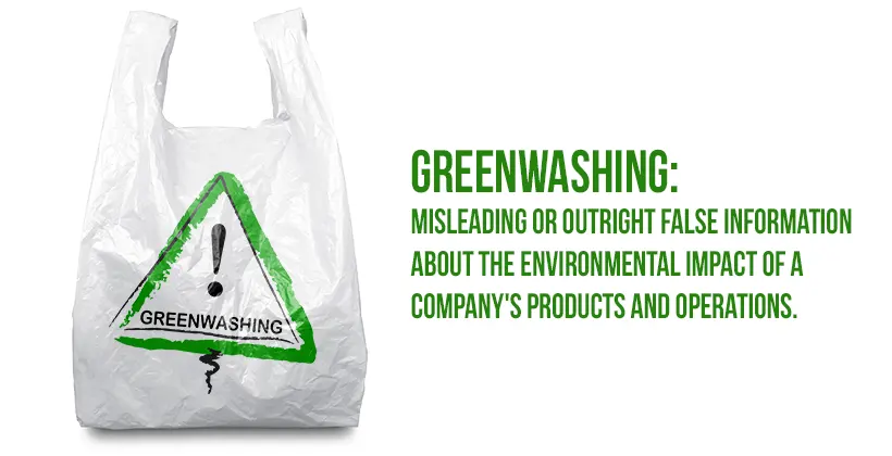 Greenwashing defined - misleading or outright false information about the environmental impact of a company's products and operations. Greenwashing alert on custom printed shopping bag.