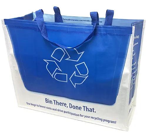 A recycling tote custom printed on a on reusable bag used for carrying recyclables out to the roadside.