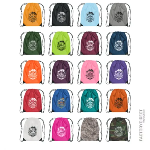 Assortment of custom printed drawstring sports backpacks