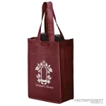 A burgundy custom printed 2-bottle reusable wine bag.