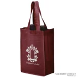A burgundy custom printed 2-bottle reusable wine bag.